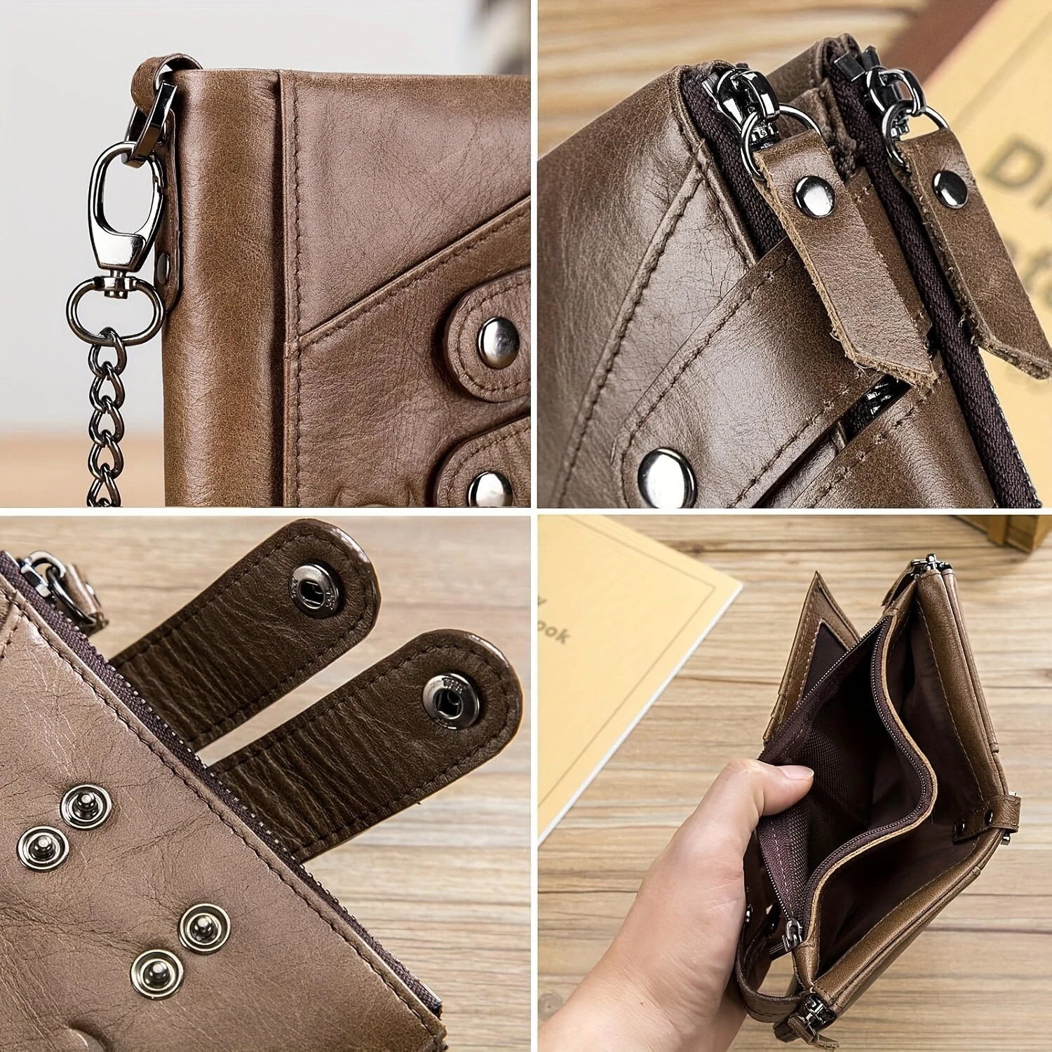 (image for) BULLCAPTAIN Genuine Leather Mens Wallet RFID Blocking Short Wallet with Chain Multifunction Card Holder Double Zipper Coin Purse Money Clip Compact Storage Bag Stylish